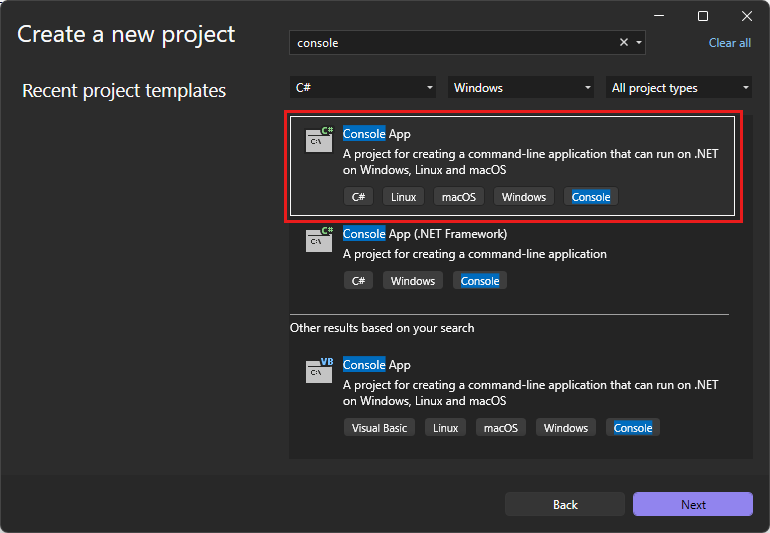 Skärmbild av mallen Konsolprogram i fönstret Skapa ett nytt projekt i Visual Studio.