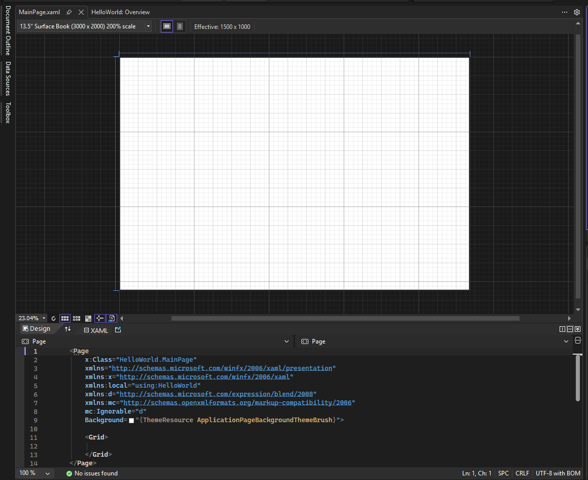 Skärmbild som visar MainPage.xaml öppen i Visual Studio IDE. Fönstret XAML Designer visar en tom designyta och fönstret XAML-redigerare visar en del av XAML-koden.