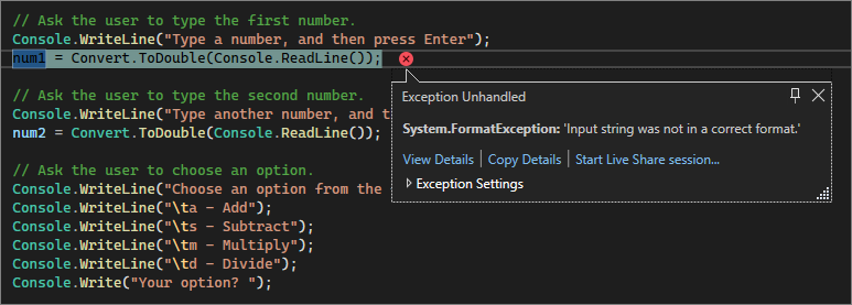 Skärmbild som visar ett ohanterat formatfel i Visual Studio Code-redigeraren.