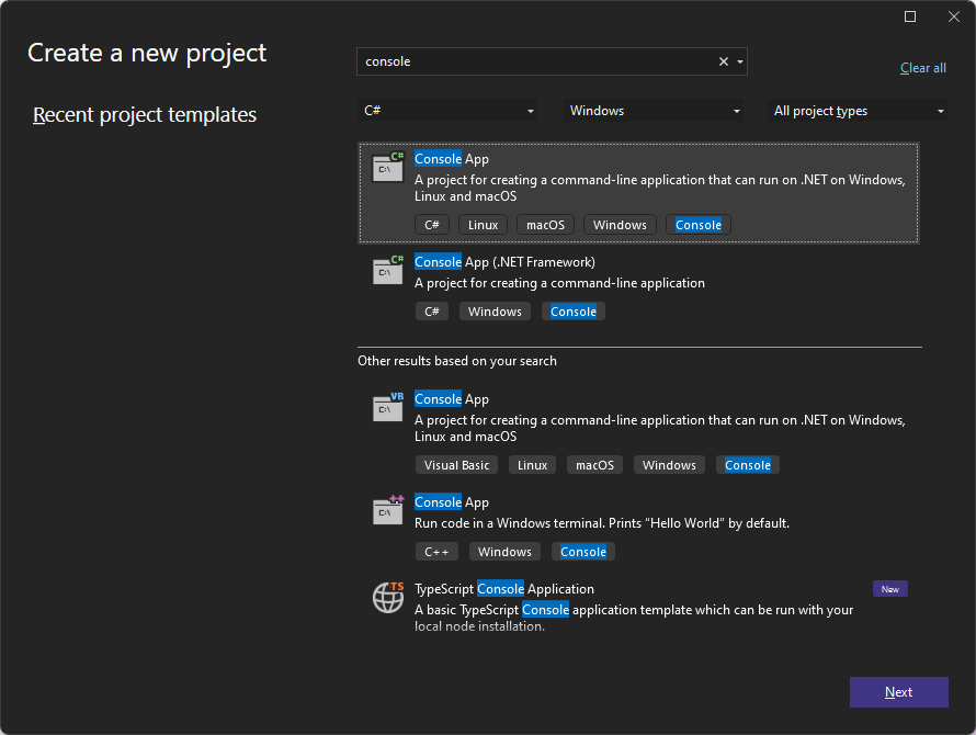 Skärmbild av mallen Konsolprogram i fönstret Skapa ett nytt projekt i Visual Studio 2022.