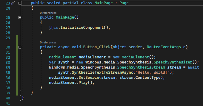 Skärmbild som visar C#-koden för den nya asynkrona Button_Click händelsehanteraren.