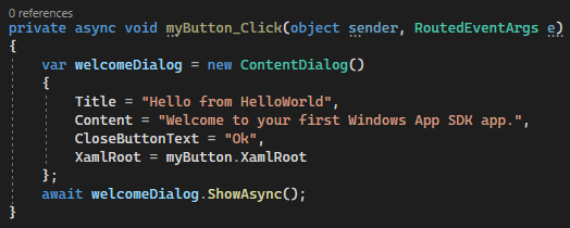 Skärmbild som visar C#-koden för den nya asynkrona myButton_Click händelsehanteraren i Visual Studio 2022.