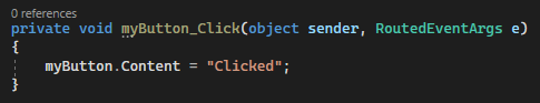 Skärmbild som visar C#-koden för standardhändelsehanteraren för Button_Click i Visual Studio 2022.