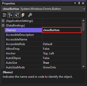 Skärmbild som visar fönstret Egenskaper med closeButton-namn.