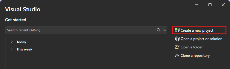 Screenshot på startmenyn Visual Studio med Skapa ett nytt projekt valt.
