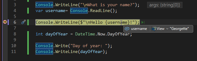 Screenshot som visar ett variabelvärde vid felsökning i Visual Studio.