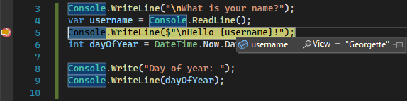 Screenshot som visar ett variabelvärde vid felsökning i Visual Studio 2022.
