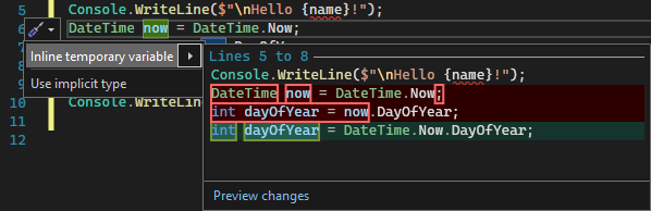Screenshot som visar förslag på infogad tillfällig variabel i Visual Studio 2022.