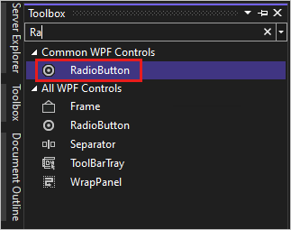 Screenshot som visar fönstret Verktygslåda i Visual Studio 2022 med kontrollen RadioButton markerad i listan med Common WPF Controls.