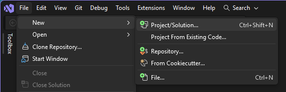 Skärmbild av Arkiv > Nytt > Projekt-val från Visual Studio menyraden.