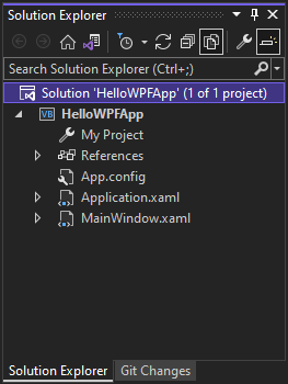 Screenshot som visar filerna i HelloWPFApp-projektet och lösningen i Prieskumník riešení i Visual Studio 2022.