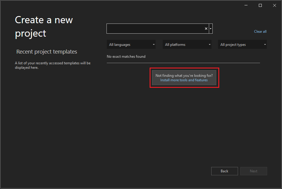 Skärmbild som visar fönstret Skapa ett nytt projekt i Visual Studio 2022 med länken Installera fler verktyg och funktioner markerad.