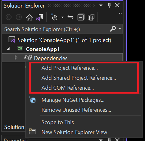 Skärmbild av dialogrutan Lägg till referens från snabbmenyn i Solution Explorer.