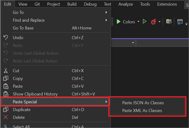 Skärmbild av alternativet Klistra in special från Redigera-menyn i Visual Studio.