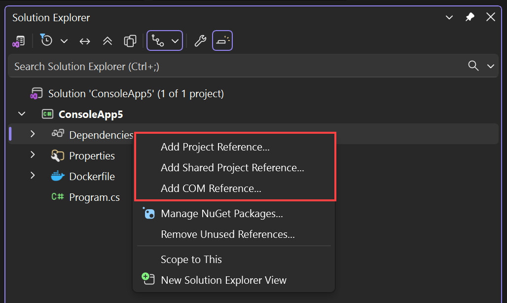 Skärmbild som visar dialogrutan Lägg till referens från snabbmenyn i Solution Explorer.