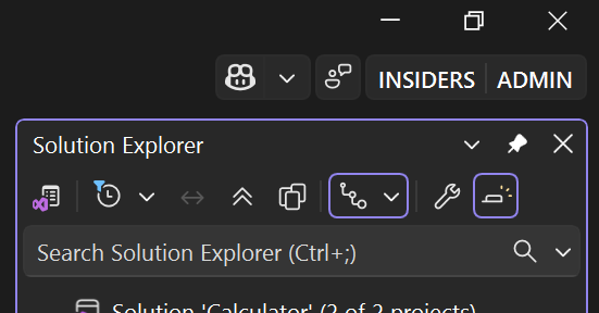 Skärmbild som visar ADMINISTRATÖR i det övre högra hörnet i Visual Studio.