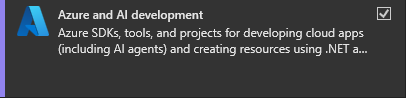 Skärmbild av den Azure- och AI-utvecklingsarbetsbelastning som valts i Visual Studio Installer.