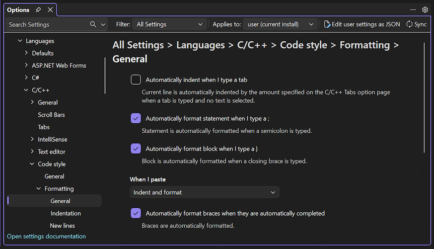 Skärmbild av de allmänna formateringsalternativen för C- och C++-kodformat.