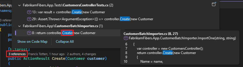 Screenshot som visar hur du ser filen med referensen med hjälp av CodeLens – Peek-referens för Visual Studio.