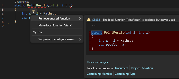 Skärmbild som visar snabbåtgärdsrekommendationsinformationen med glödlampaikonen i Visual Studio.