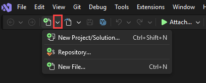 Skärmbild av knappen Nytt projekt i Visual Studio.