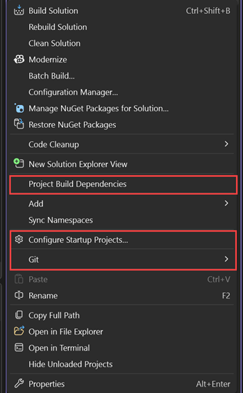 Skärmbild av snabbmenyn vid högerklick från en lösningsnod i Solution Explorer, som visar extra alternativ.