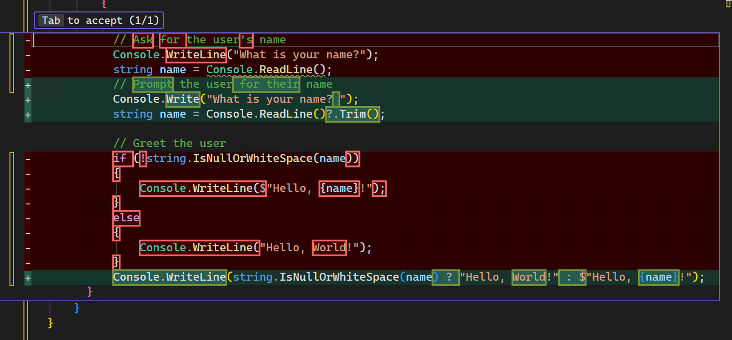 Skärmbild av kodförslag i Visual Studio-diffvyn.