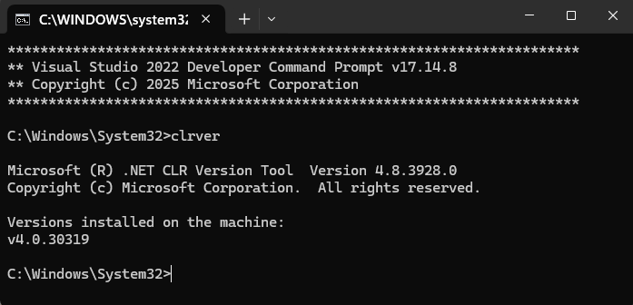 Skärmbild av kommandotolken för utvecklare för Visual Studio.