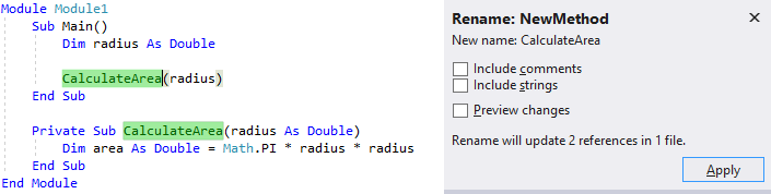 Skärmbild av Visual Basic kod för main sub. Ett metodnamn är markerat och popup-fönstret Byt namn är open.