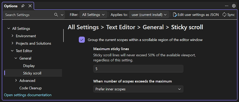 Skärmbild av alternativen för inre och yttre omfång för Sticky Scroll.