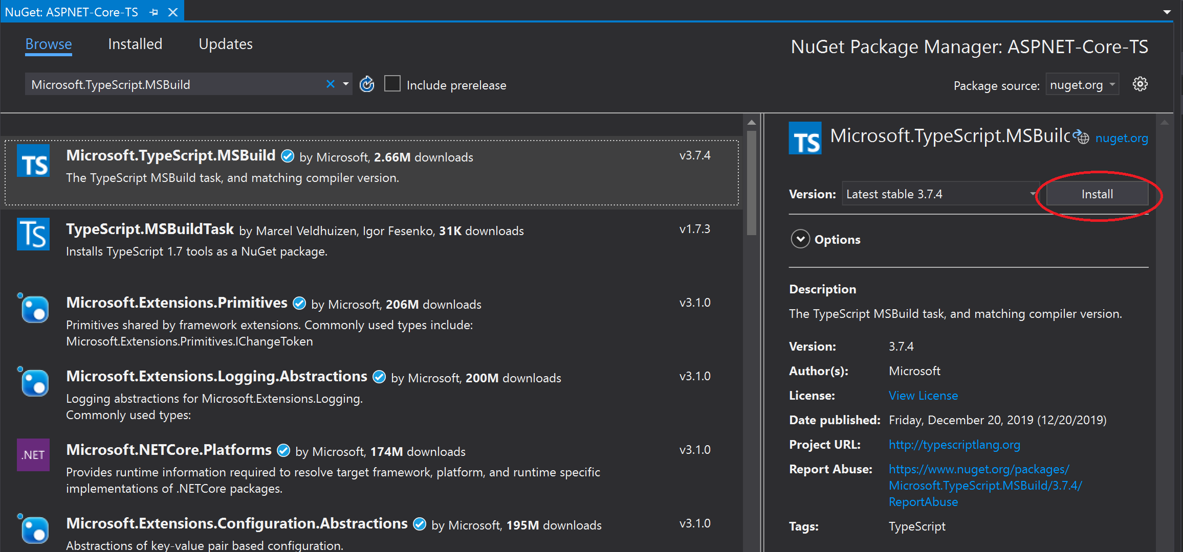 Skärmbild som visar hur du installerar NuGet-paketet.