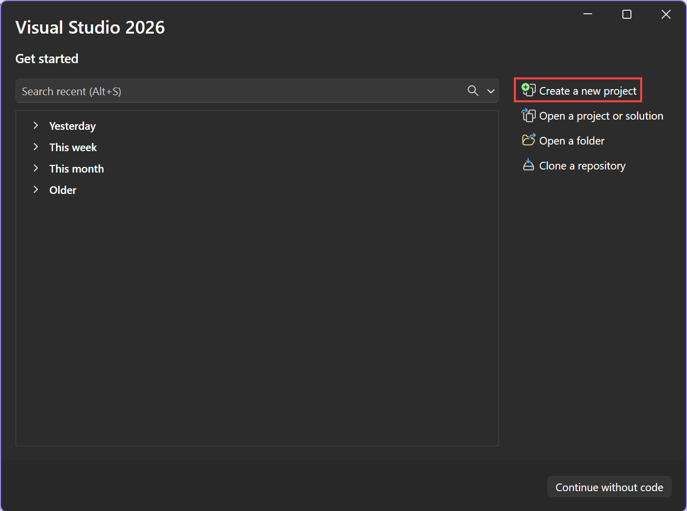 Skärmbild som visar hur du väljer alternativet Skapa ett nytt projekt i Visual Studio-startfönstret.