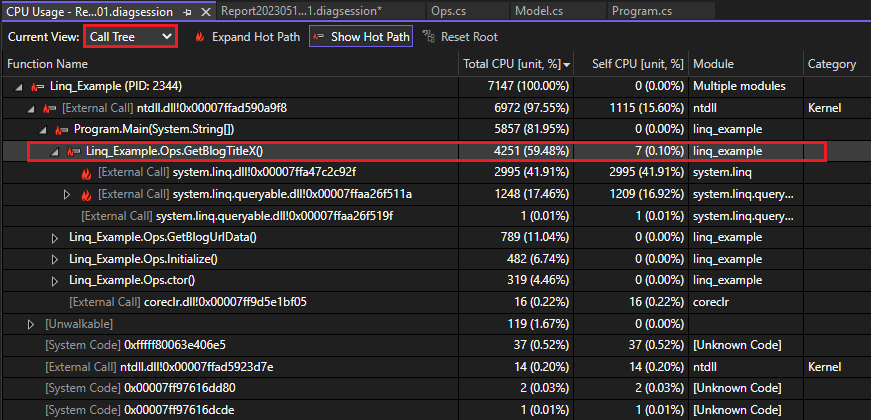 Skärmbild av vyn Samtalsträd i verktyget CPU-användning.