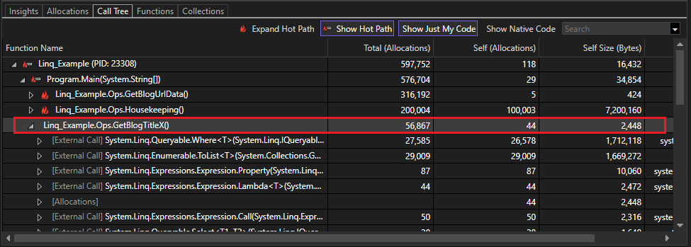 Skärmbild av minskad minnesallokering i .NET-objektallokeringsverktyget.