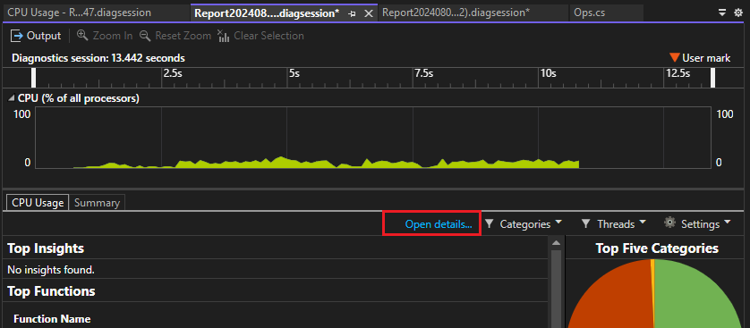 Skärmbild av hur du öppnar information i verktyget CPU-användning.