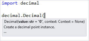 Skärmbild som visar signaturhjälp i Visual Studio-redigeraren.