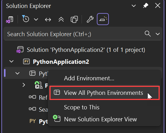 Skärmbild av kommandot Visa alla Python-miljöer i Solution Explorer.