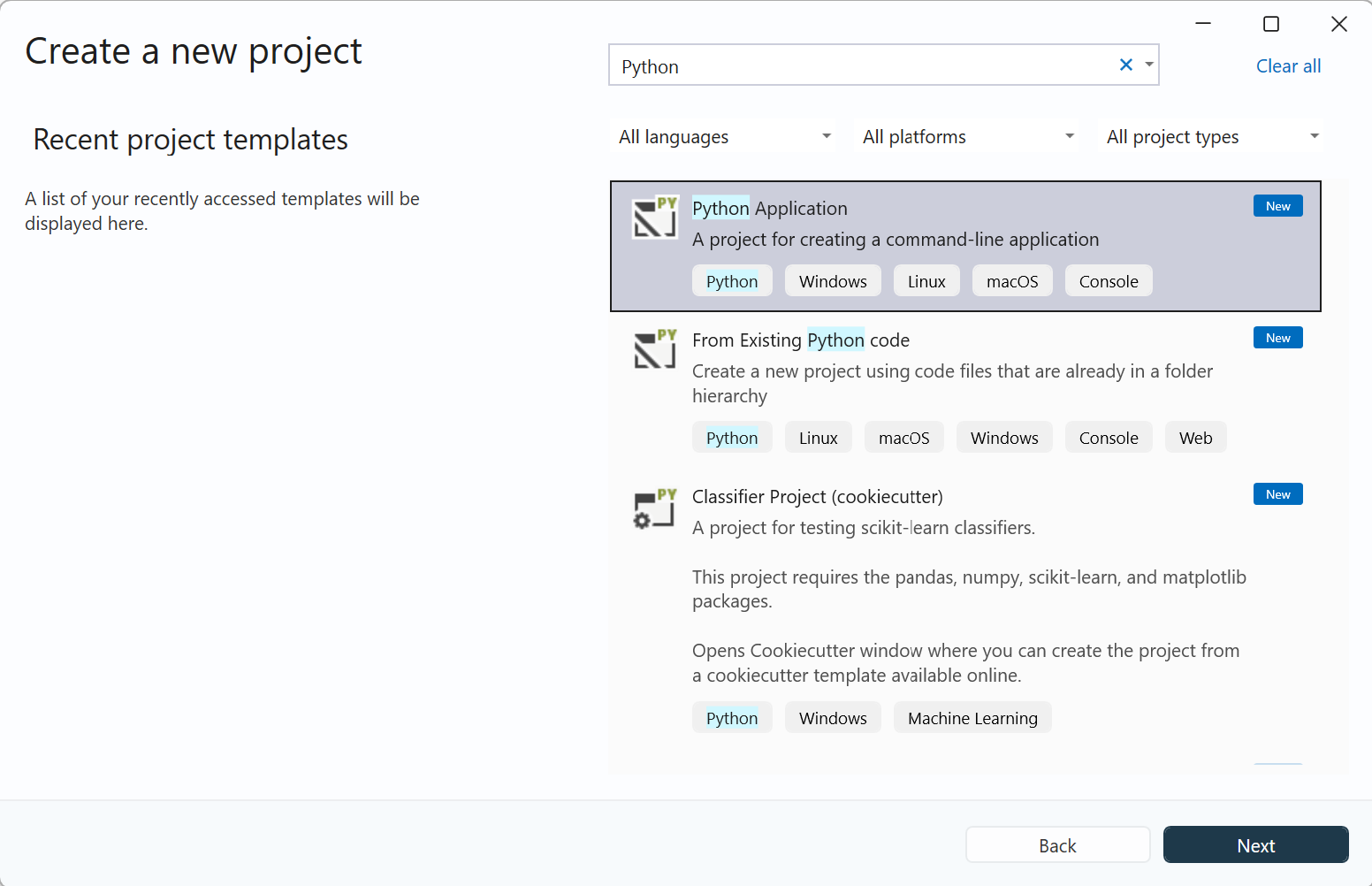 Skärmbild som visar dialogrutan Skapa ett nytt projekt i Visual Studio. Python-projektmallar visas.