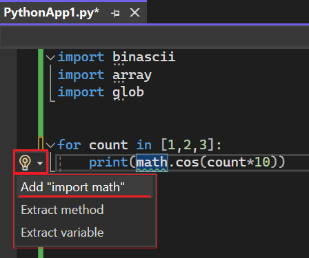 Skärmbild som visar den smarta taggen för en identifierare som behöver en import-instruktion som lagts till i Visual Studio 2022.