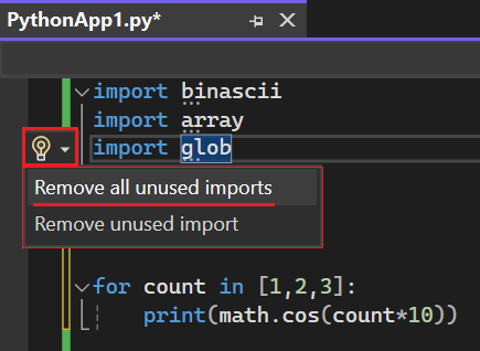 Skärmbild som visar hur du kommer åt alternativ för att ta bort oanvända importer i Visual Studio 2022.