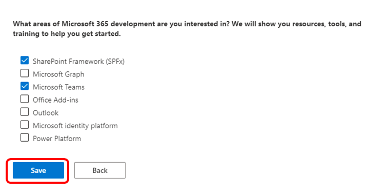Val av Microsoft 365-utvecklarområde
