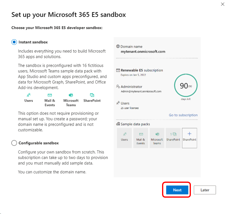 Microsoft 365 Developer sandbox-alternativ