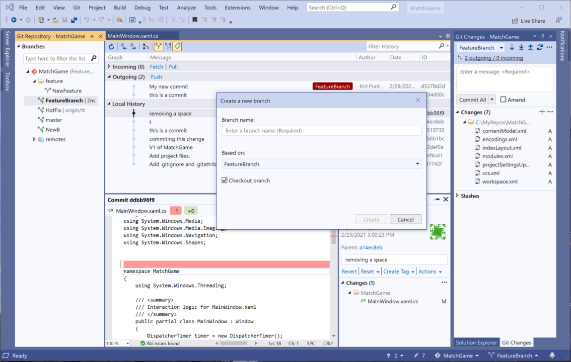 Fönstret Skapa en ny gren och fliken Git-ändringar i Solution Explorer.