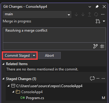 Skärmbild som visar hur du skapar en merge commit med hjälp av fönstret Git Changes.