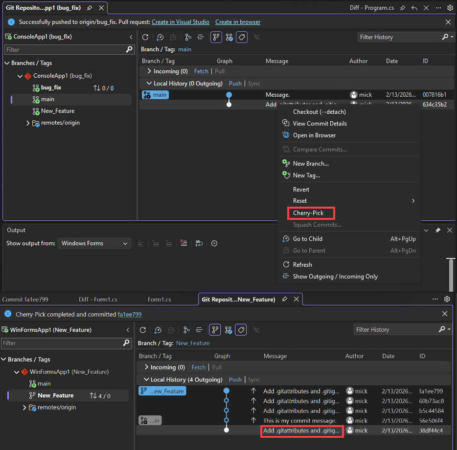 Skärmbild av körsbärsplockning i Visual Studio.