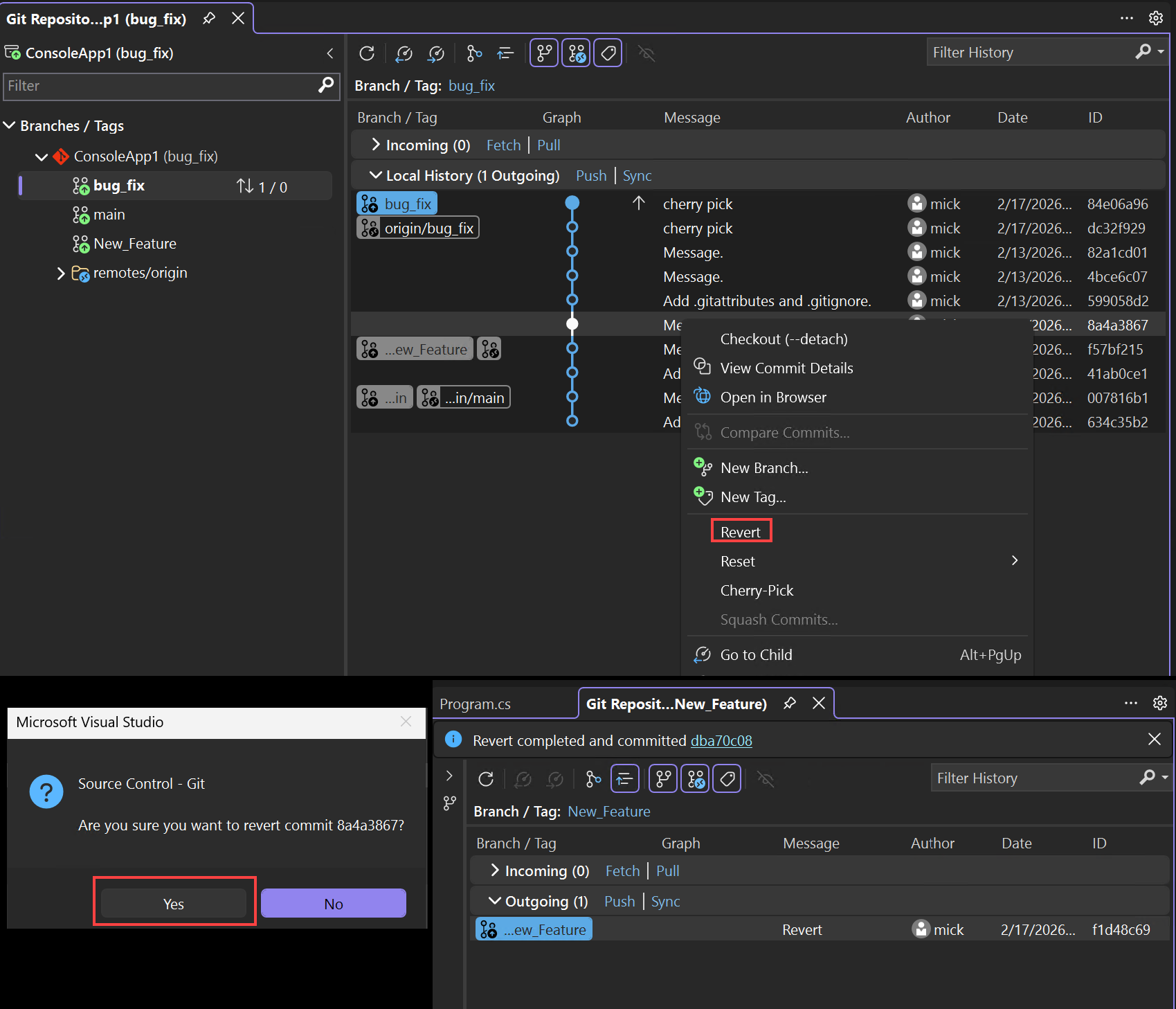 Skärmbild av återställning i Visual Studio.