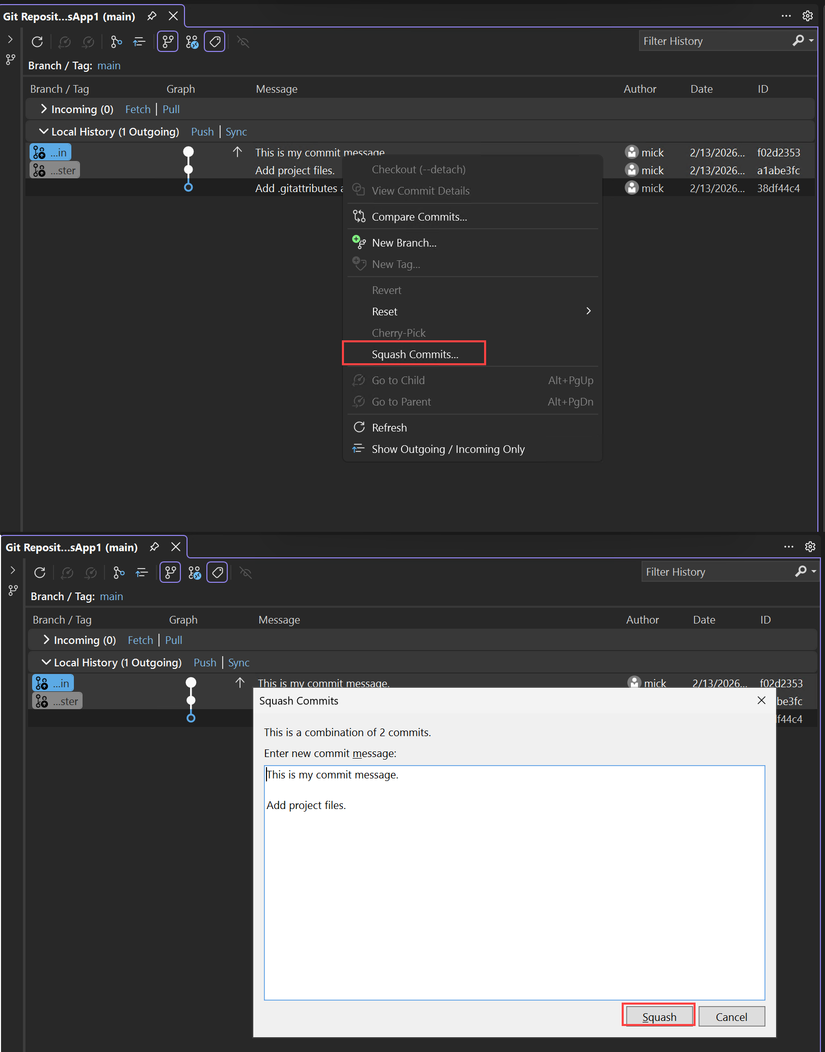 Skärmbild av att squasha commits i Visual Studio.