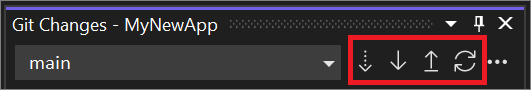 Fönstret Git-ändringar med knappkontrollerna Hämta, Dra, Push och Synk markerade i Visual Studio 2022.