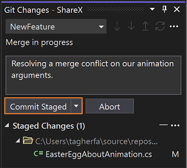 Skärmbild av hur du skapar en merge-committ med hjälp av fönstret Git Changes.