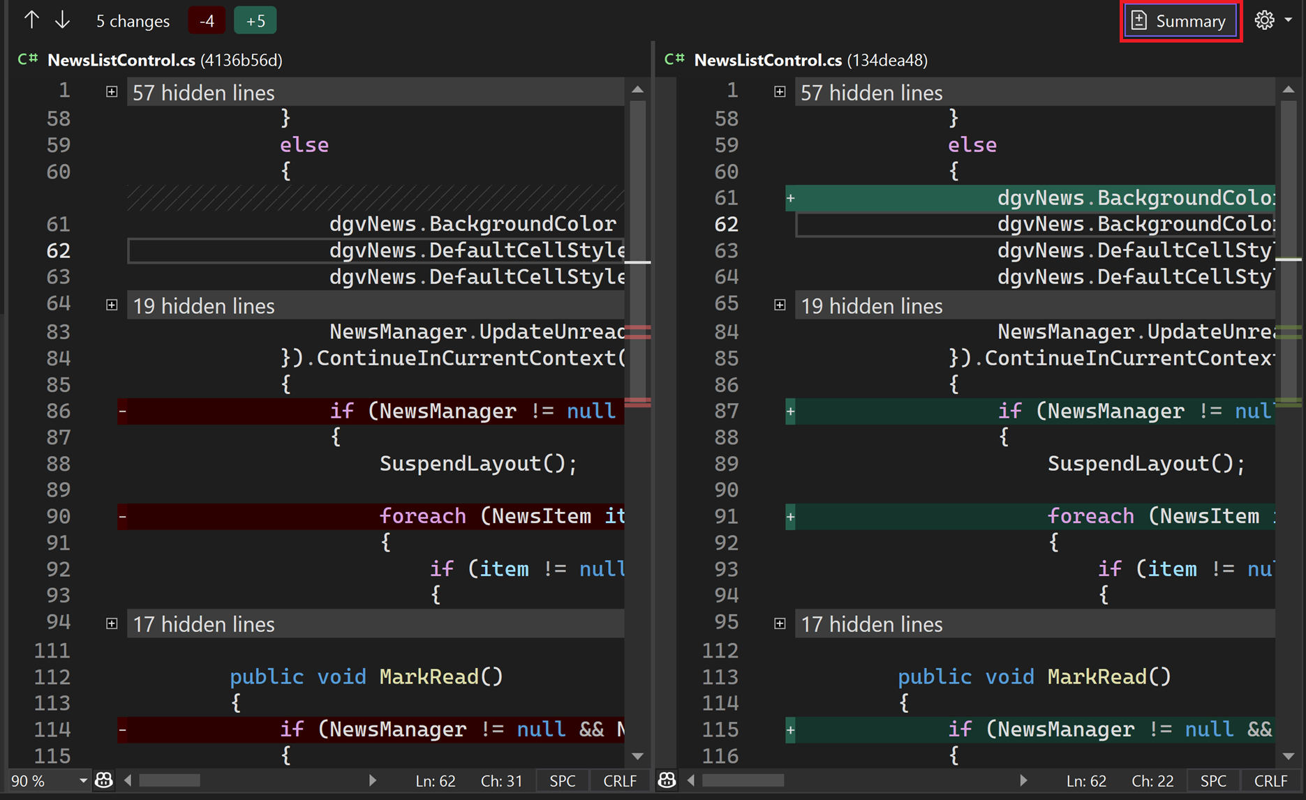 Skärmen Ny Pull Request med sammanfattningsknappen markerad i Visual Studio 2022.